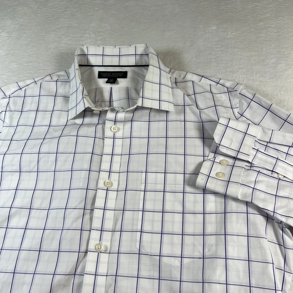 Banana Republic Dress Shirt Mens L 16.5 White Purple Check Non Iron Classic Fit